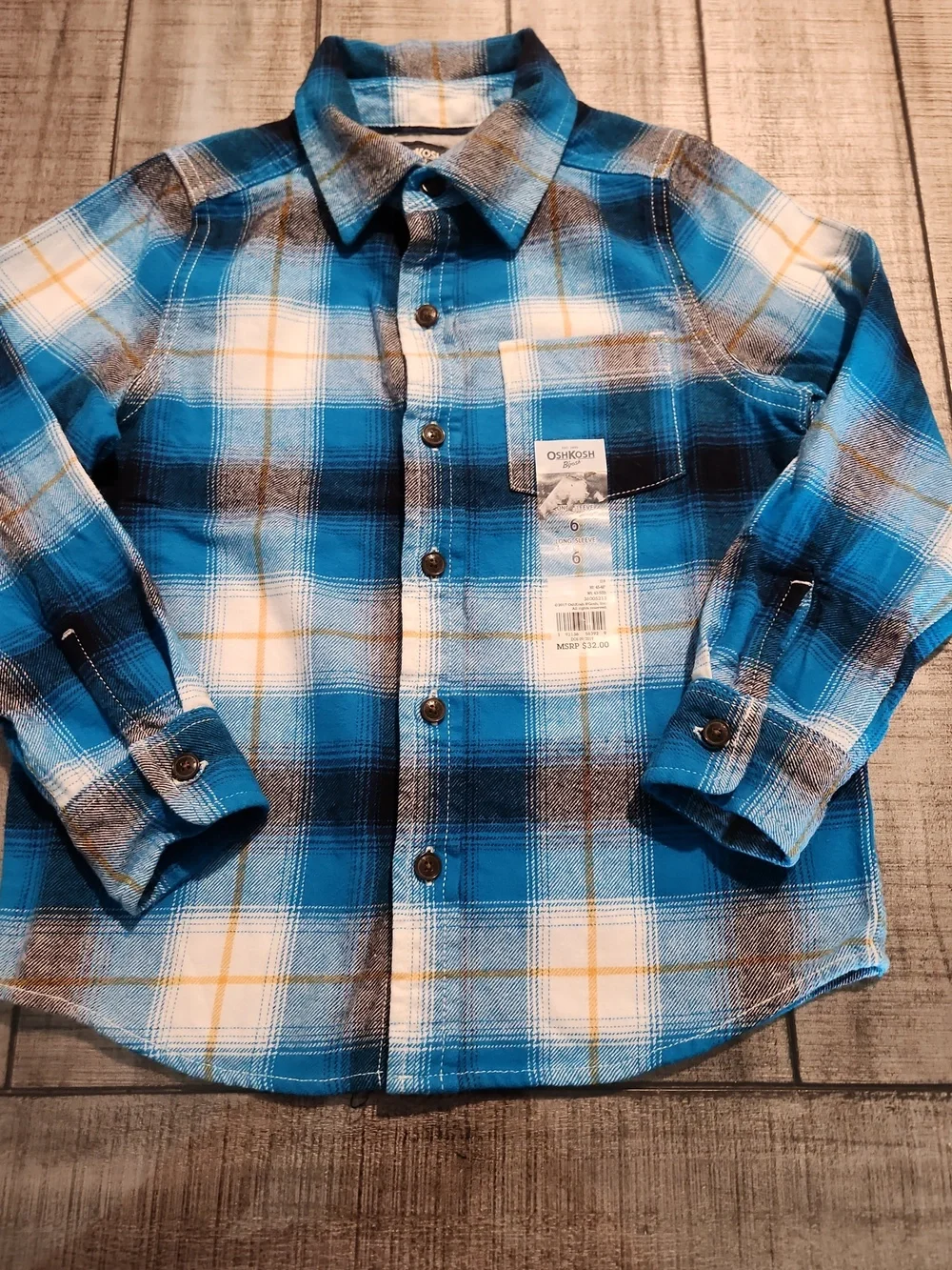 NWT OSHKOSH B'GOSH Blue Plaid Button-Down Shirt- Casual Long Sleeve